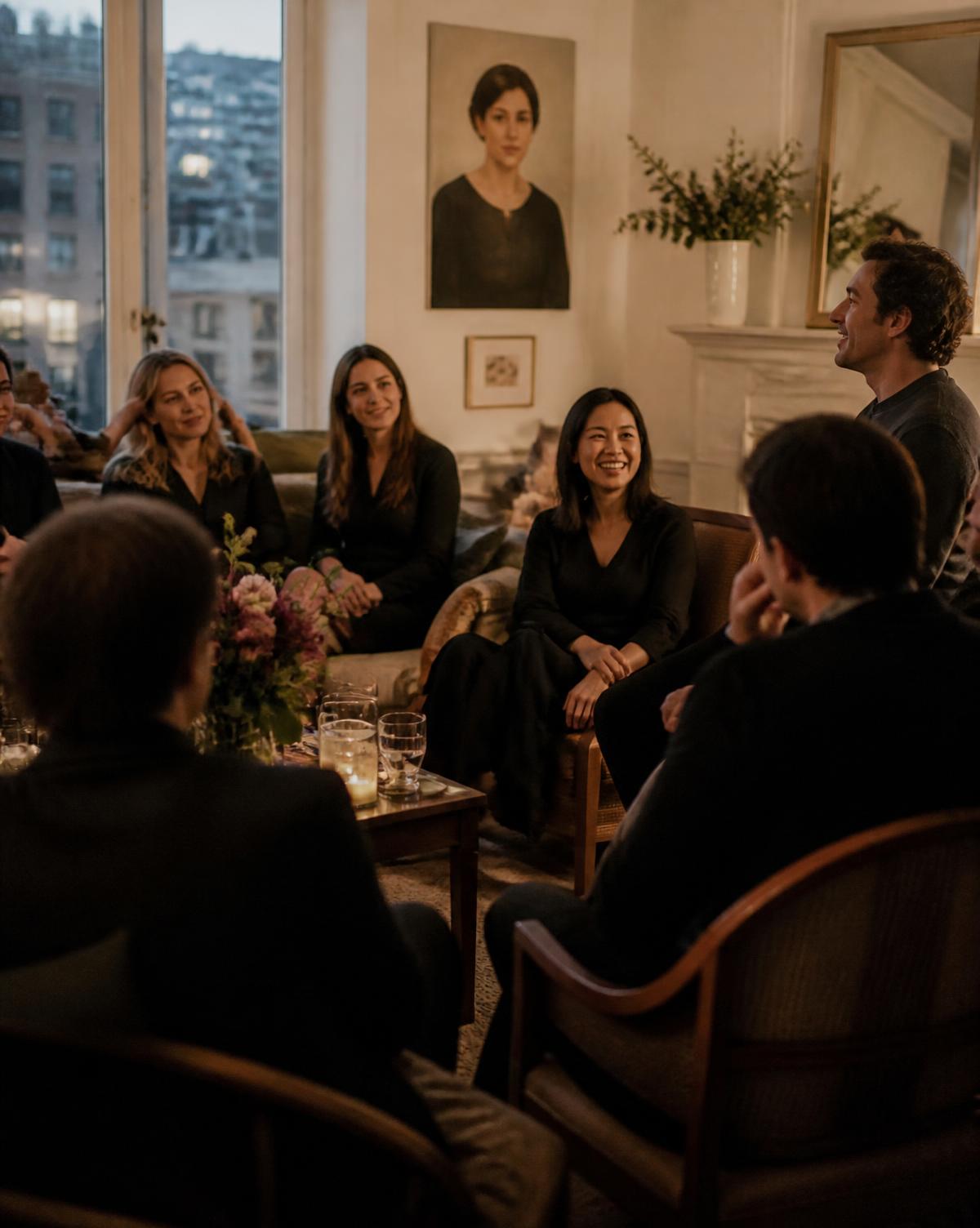 A small salon gathering in a San Francisco living room at dusk